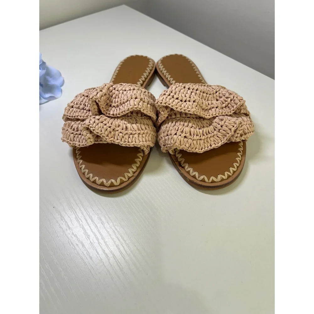 Tory Burch Ruffled Raffia Slide Sandals Natural Woven Flat 135087 Size 7M‎ w box